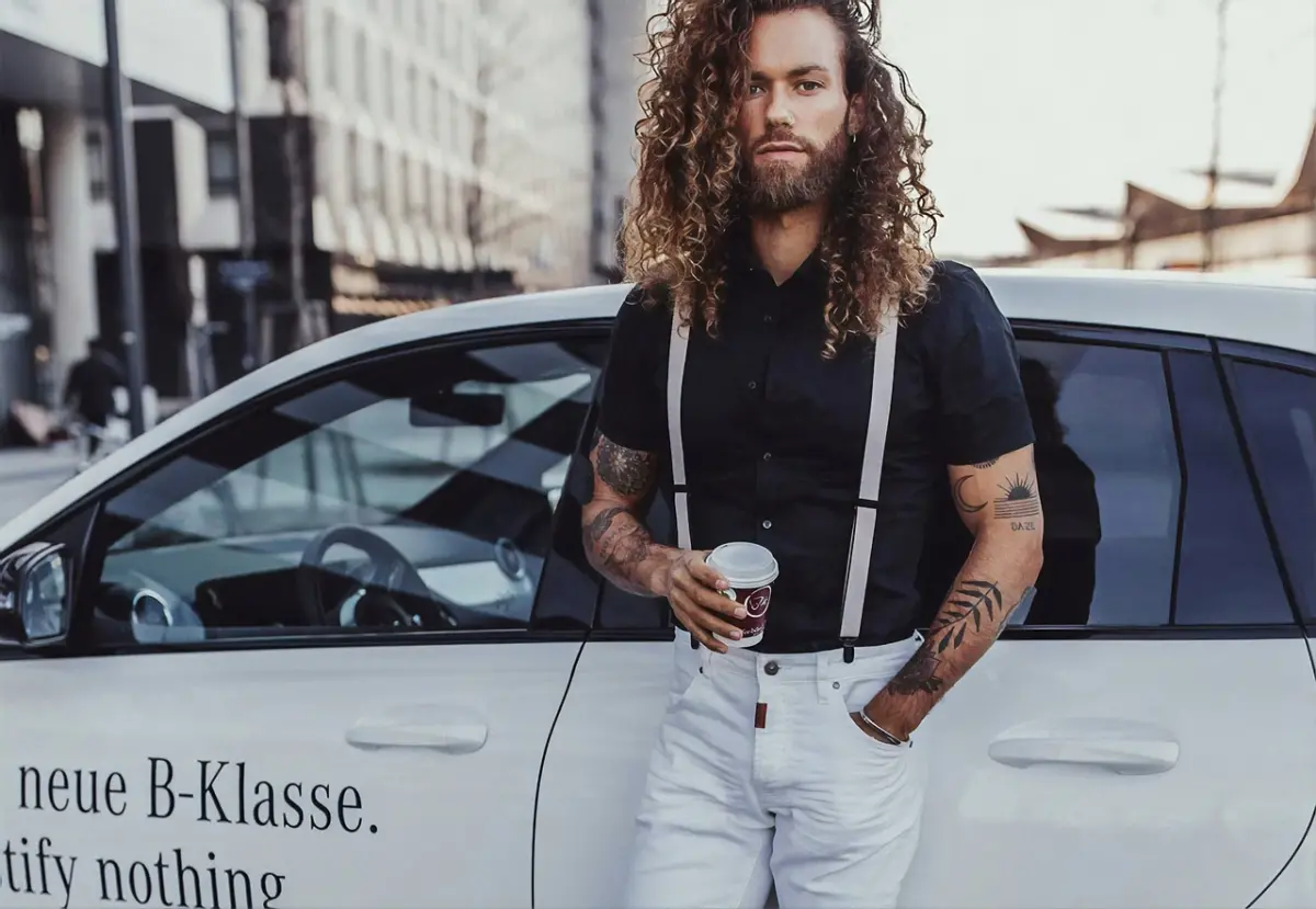 man, guy, car wallpapers, long hair, suspender, coffee cup, mercedes benz, white car, car, male, young, coffee, cup